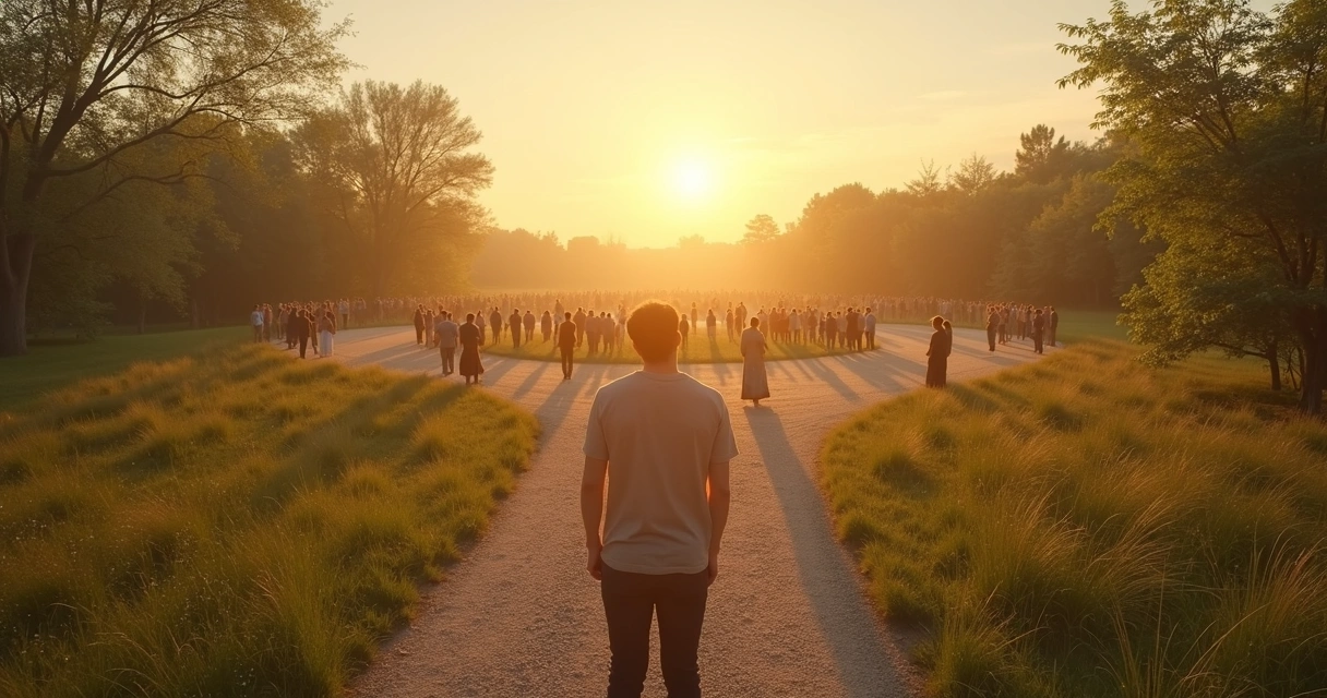Pessoa em pé diante de dois caminhos simbolizando pertencimento e dependência emocional 