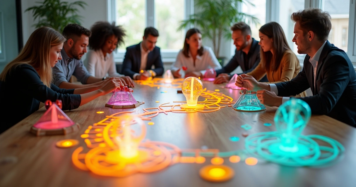 Equipe diversa conectando peças coloridas em mesa em formato de espiral 