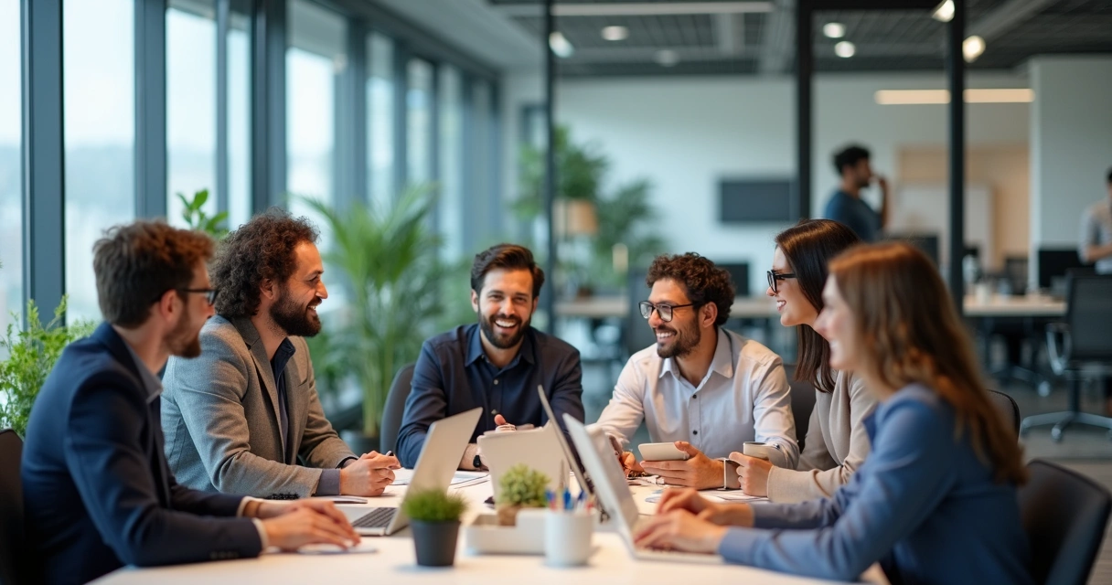 Equipe de trabalho reunida ao redor de uma mesa, todos sorrindo e trocando ideias em ambiente moderno. 