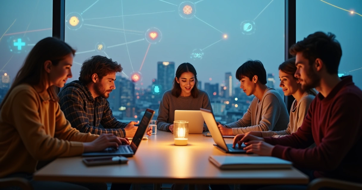 Grupo diverso conectado por rede digital com destaque para sensação de pertencimento 