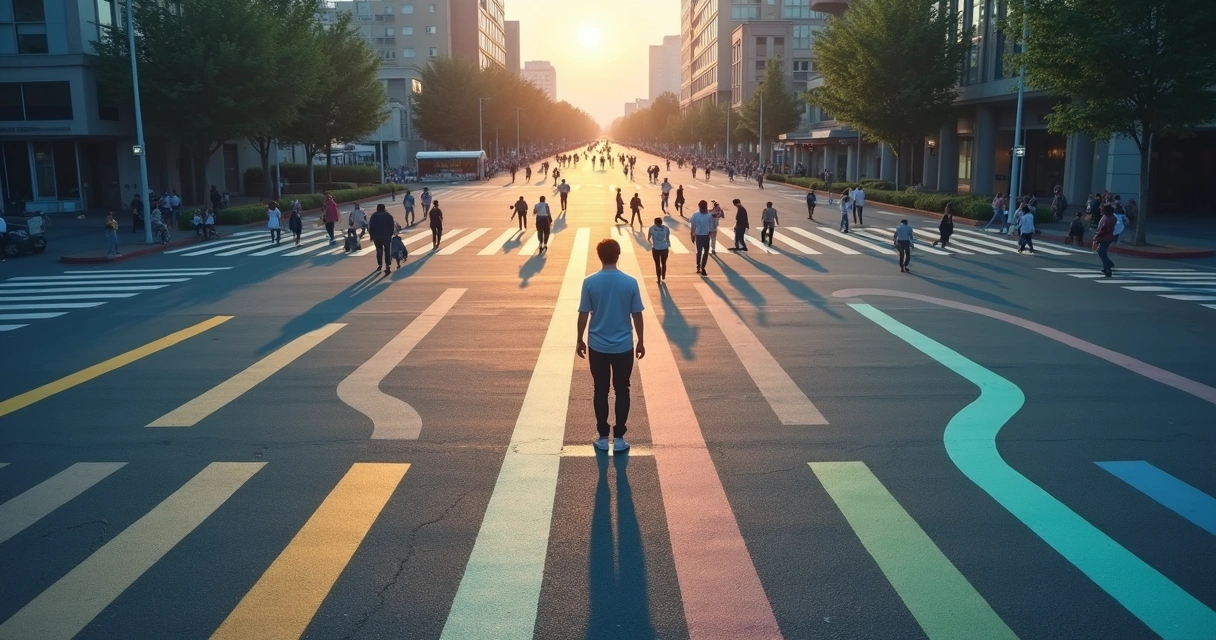 Pessoa em encruzilhada urbana com diferentes caminhos luminosos representando escolhas diárias 
