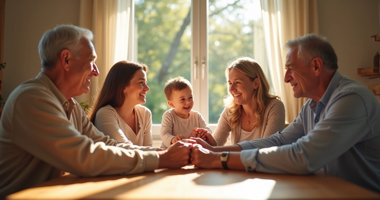 Círculo familiar unido em torno de uma mesa, várias gerações reunidas 