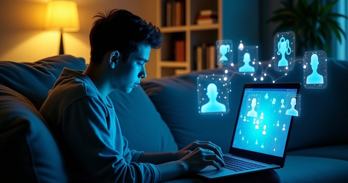 Jovem observando vários avatares em telas digitais ao redor 