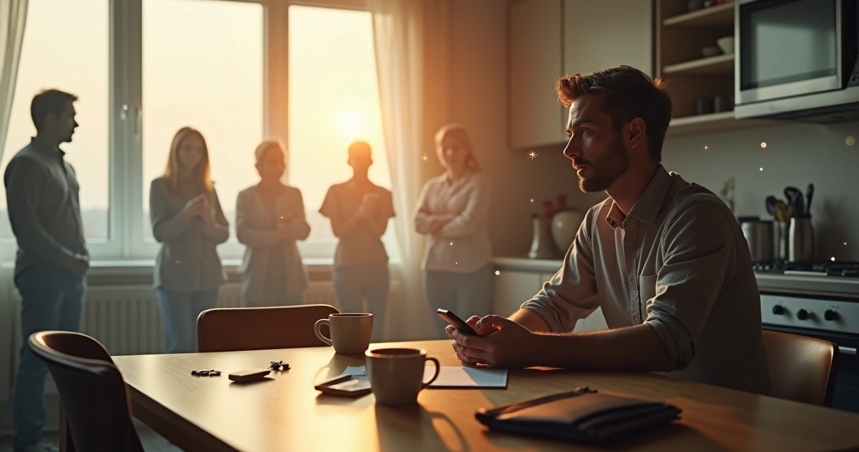 Pessoa em reflexão cercada por silhuetas representando influências invisíveis 