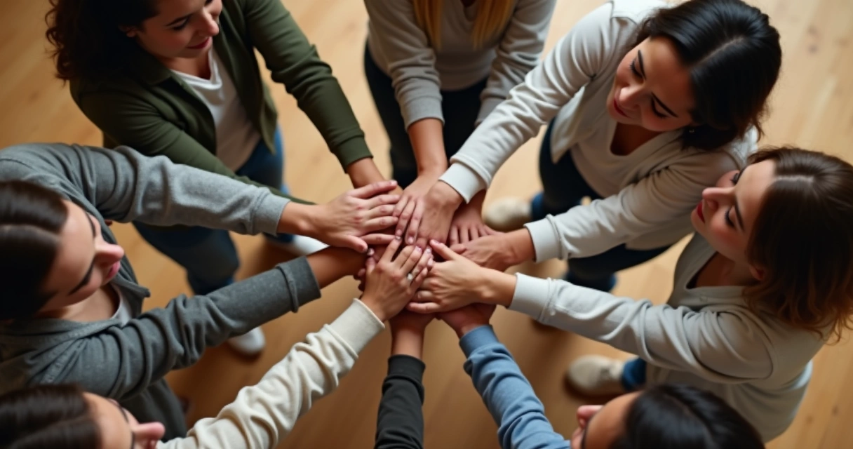 Grupo de pessoas de mãos dadas em círculo visto de cima 