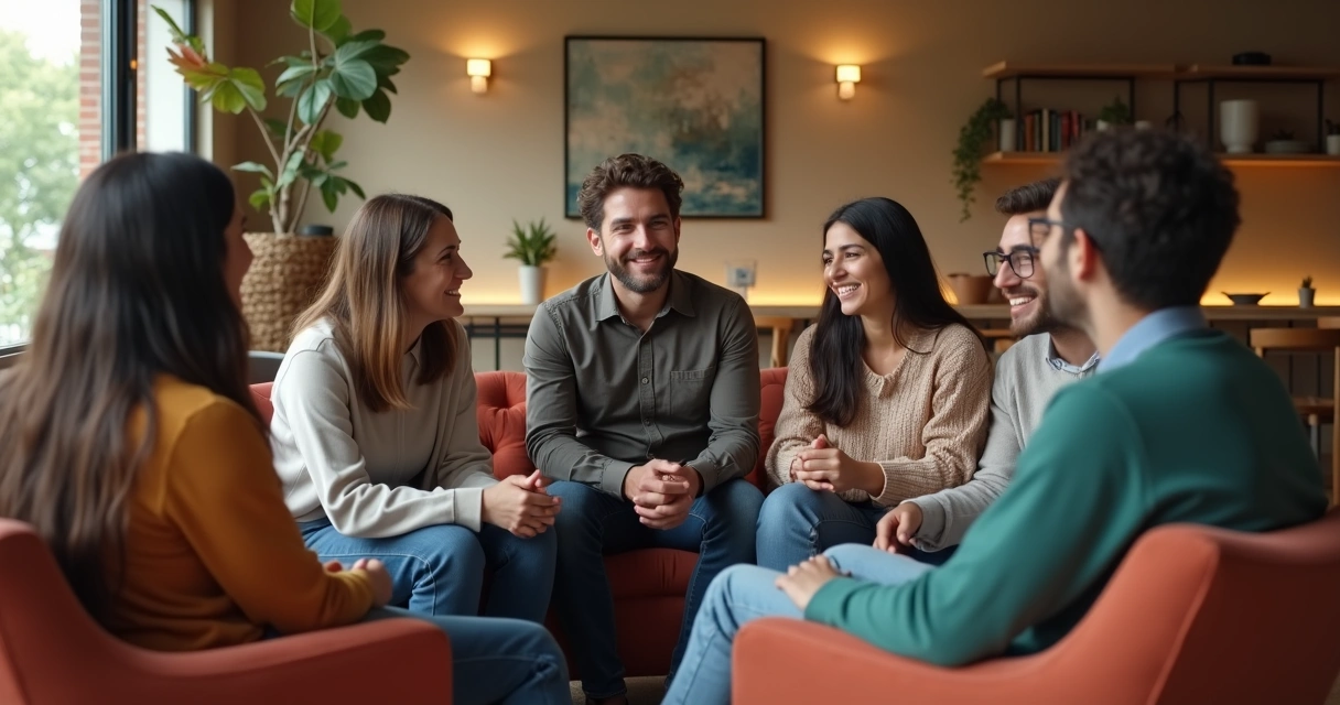 Equipe reunida em círculo, sorrindo e trocando ideias em ambiente moderno 