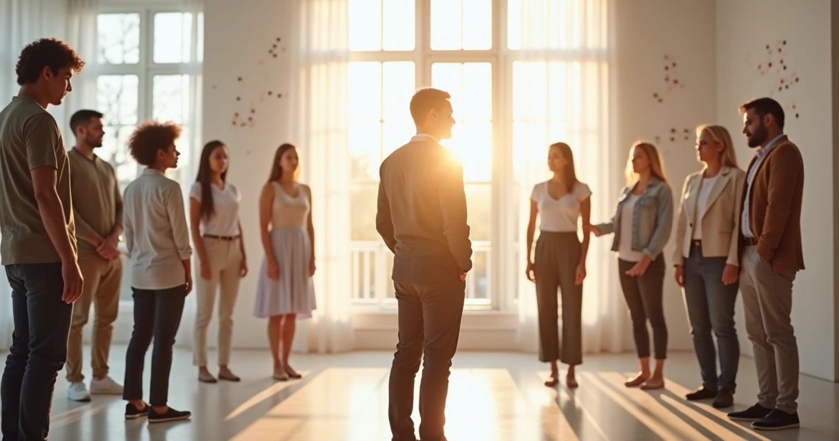 Grupo em círculo conectado e uma pessoa em destaque com fronteira sutil ao redor 