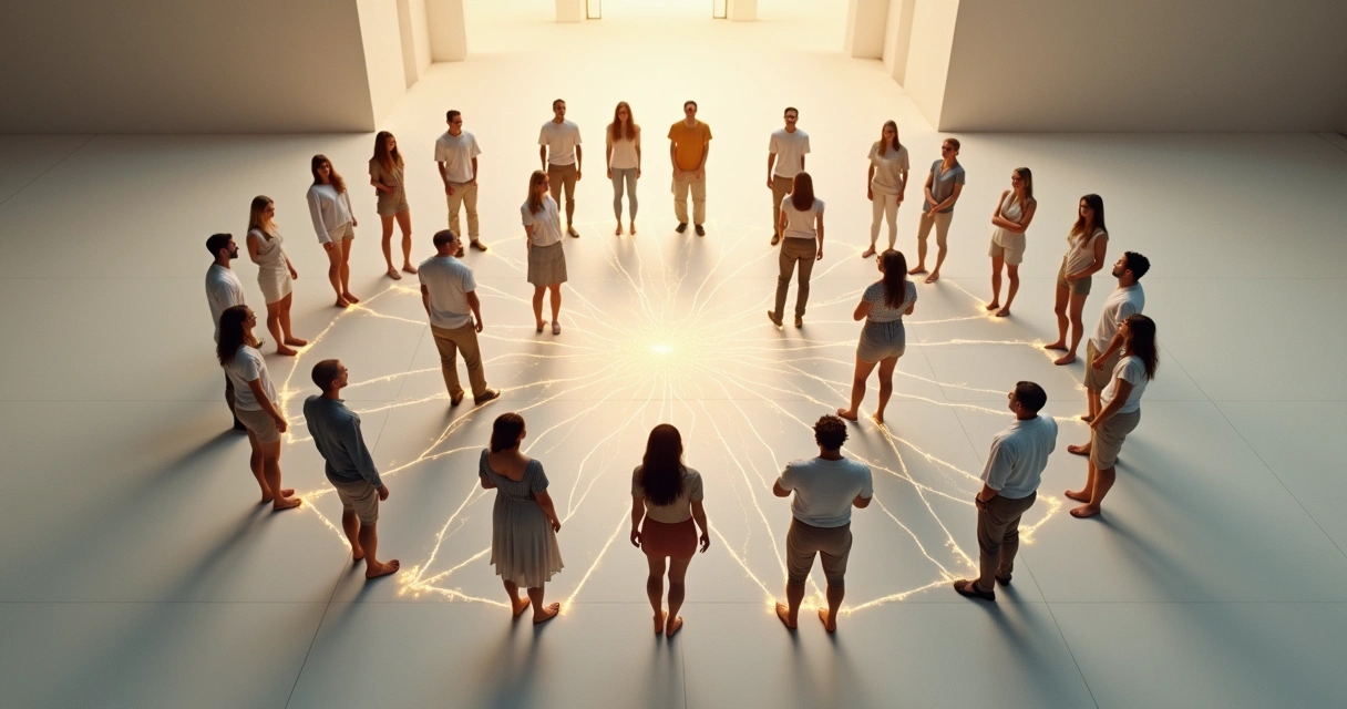 Grupo de pessoas conectadas por linhas luminosas em formato de rede 