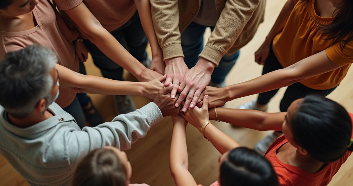 Grupo de pessoas de mãos dadas em círculo visto de cima 