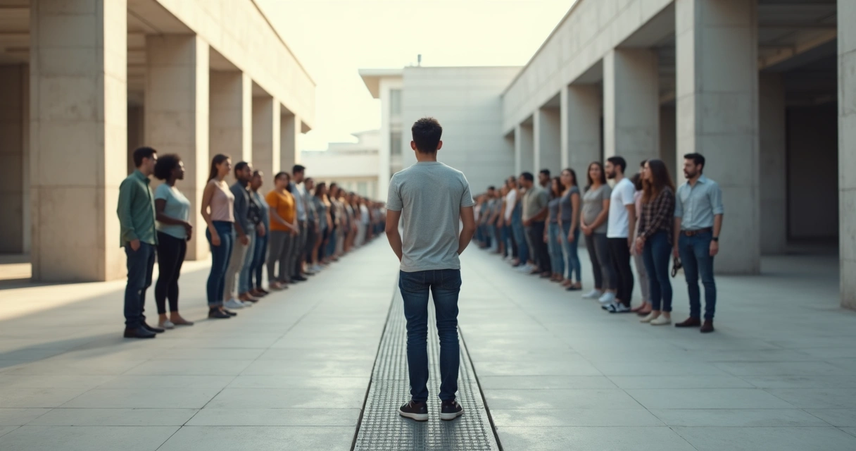 Pessoa em pé entre grupo unido e fila rígida de pessoas 