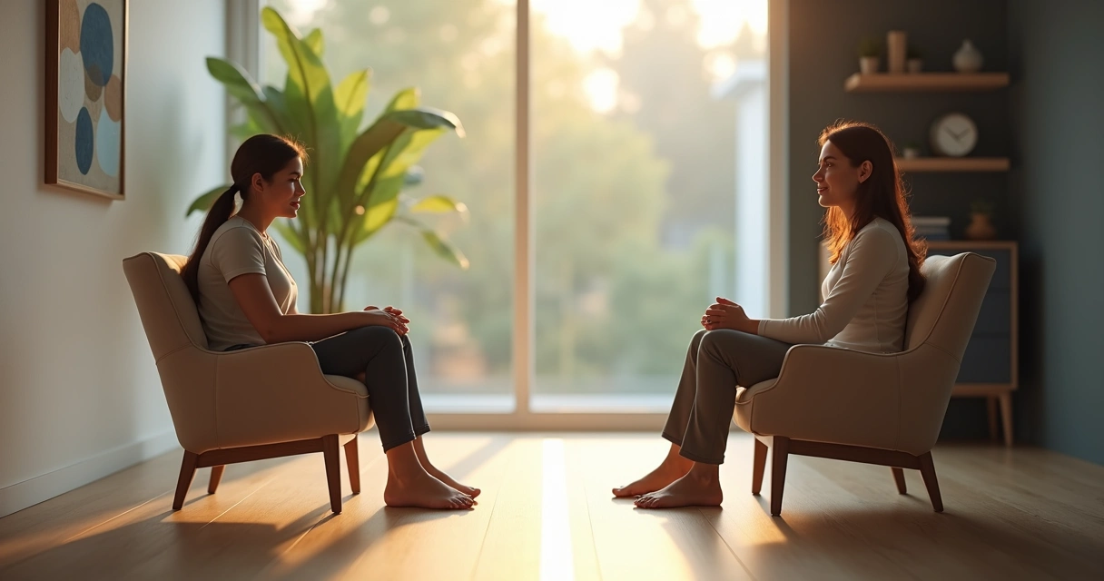 Duas pessoas em uma sala iluminada separadas por uma linha imaginária, uma em postura aberta de pertencimento e outra curvada em submissão 