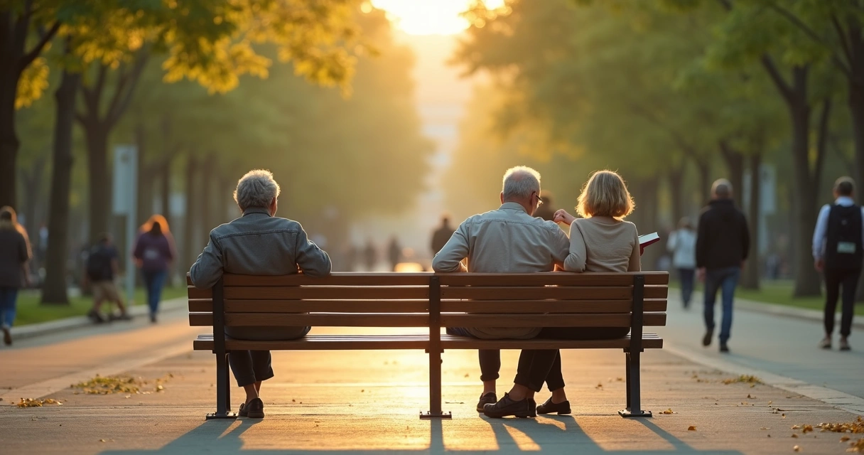 Duas pessoas em banco de parque separadas por elástico sutil e fio de luz 
