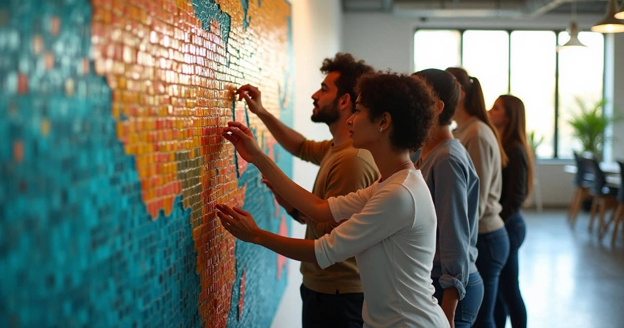 Personas diversas uniendo piezas de un mosaico de colores en una pared de oficina moderna 