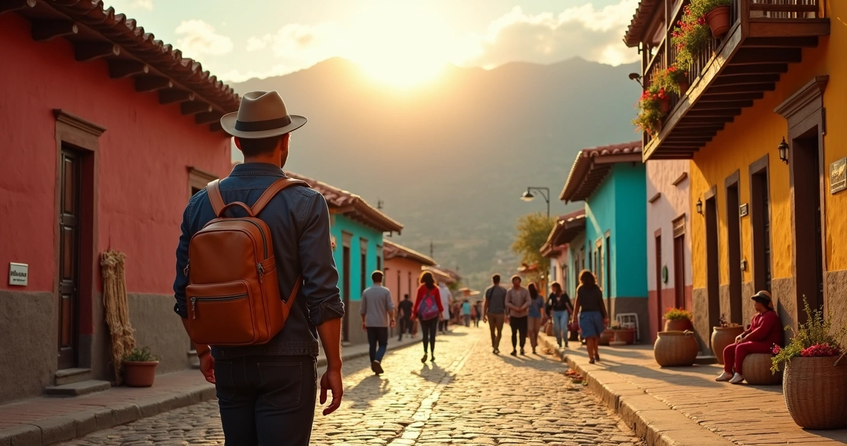 Viajante contempla paisagem andina colorida em vilarejo peruano 
