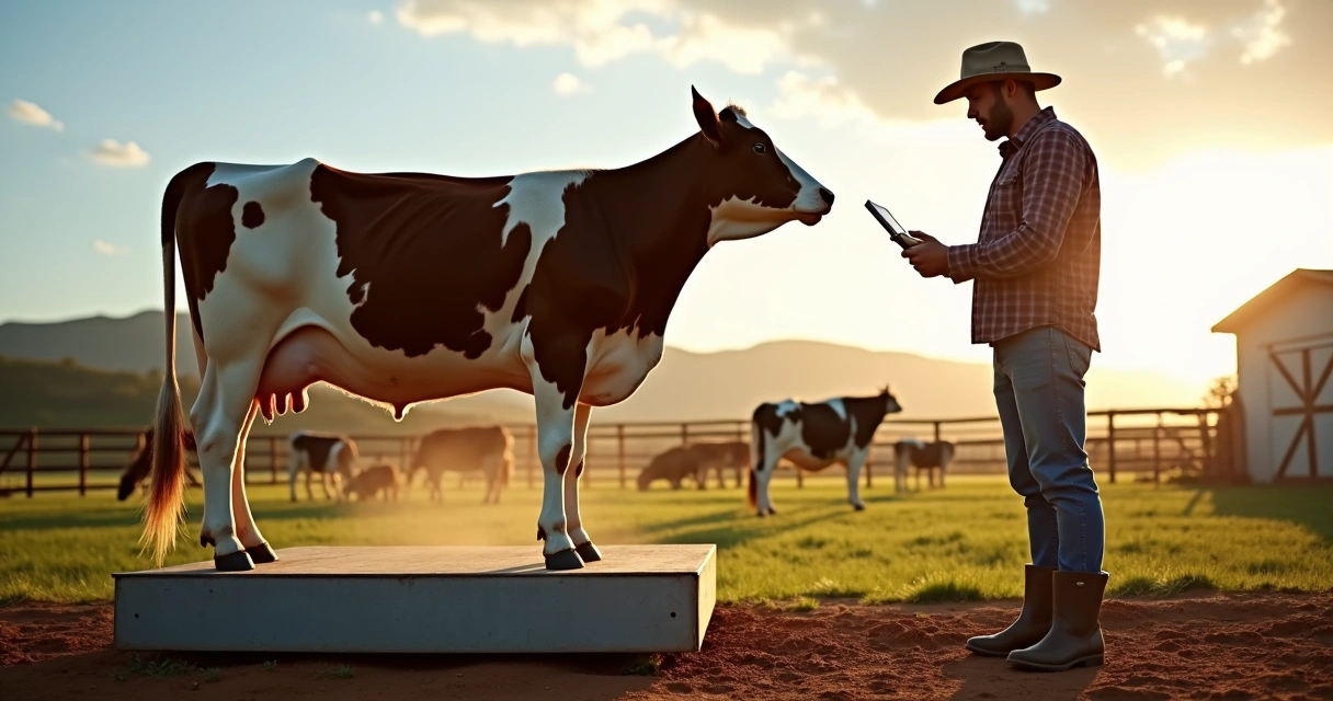 Produtor pesando gado em balança na fazenda com anotações em tablet 