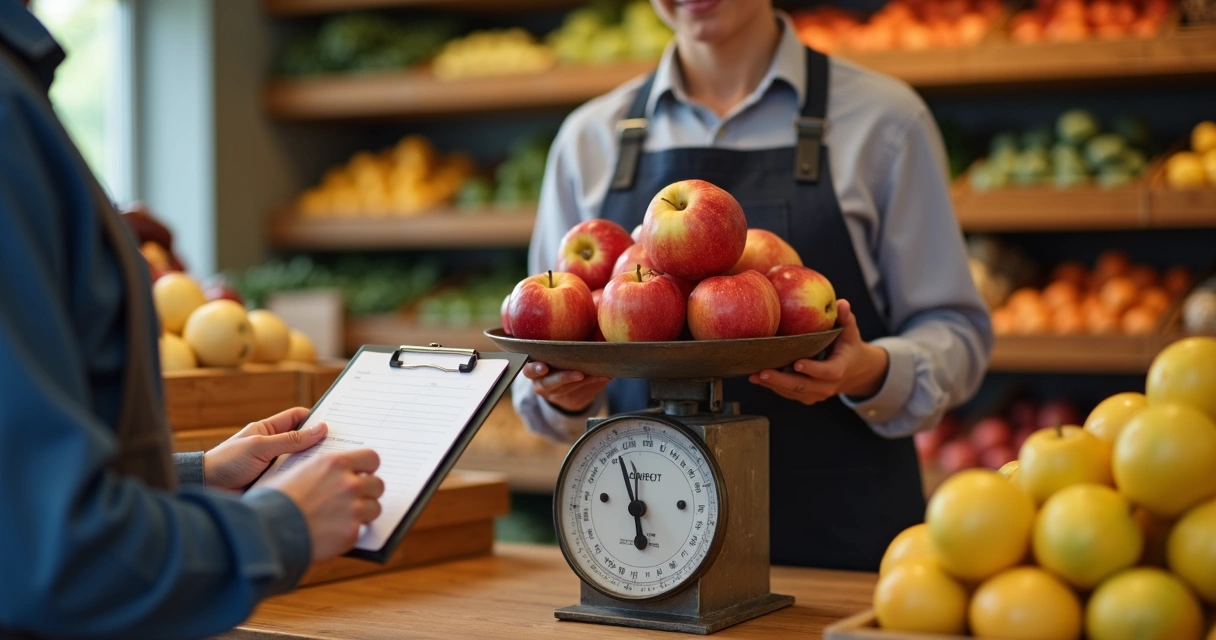 Cliente pesando frutas na balança manual de loja pequena 