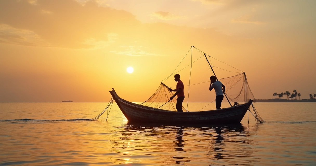Barco de pesca artesanal ao amanhecer em São Tomé 