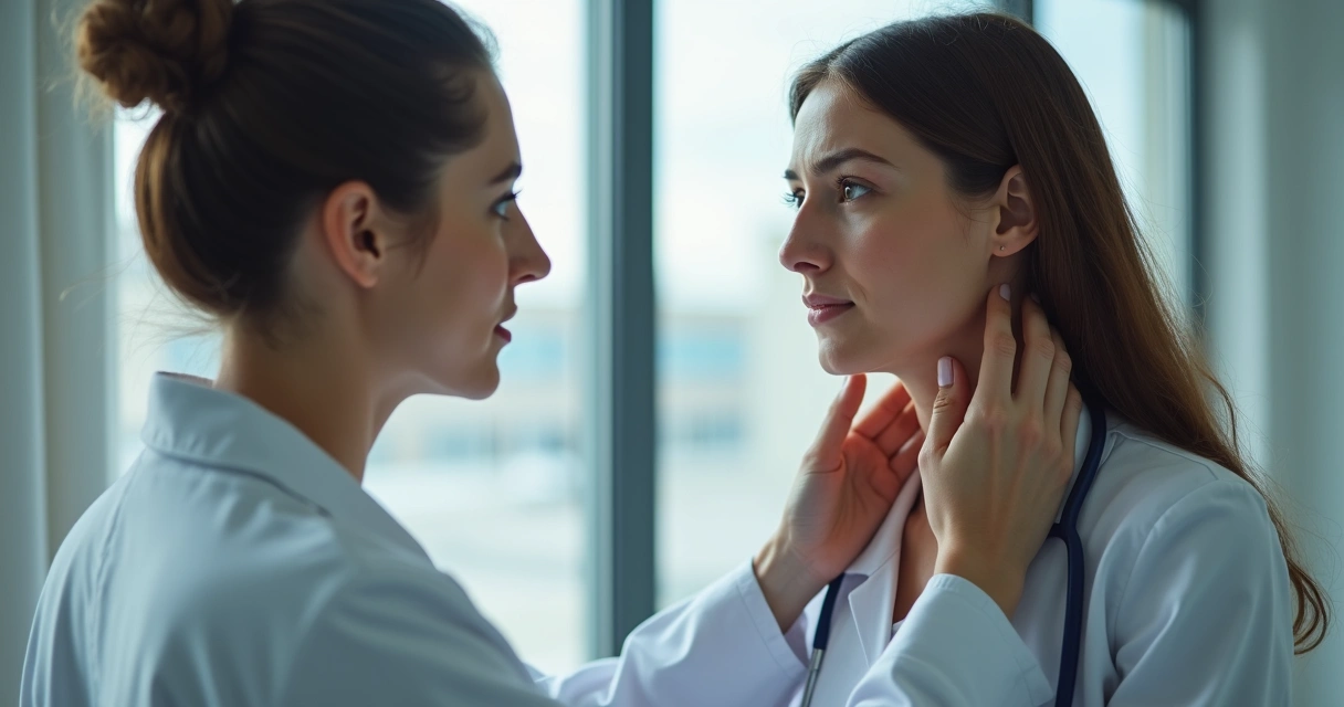 Médica examinando o pescoço de paciente com suspeita de nódulo 