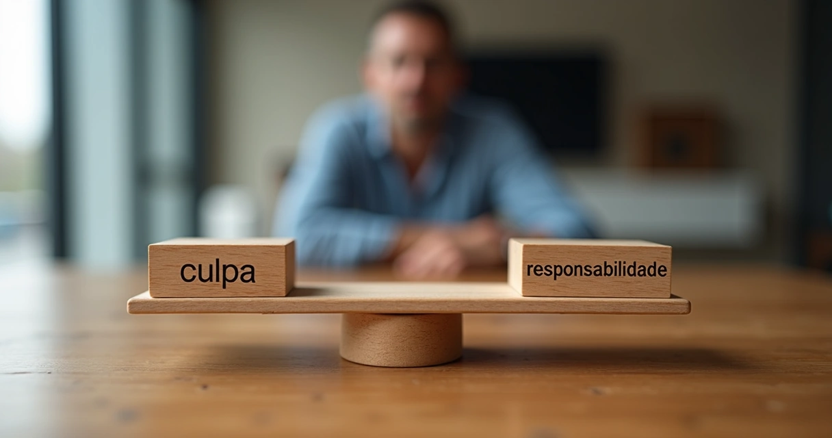 Balança de madeira equilibrando um bloco escrito ‘culpa’ e outro ‘responsabilidade’ 