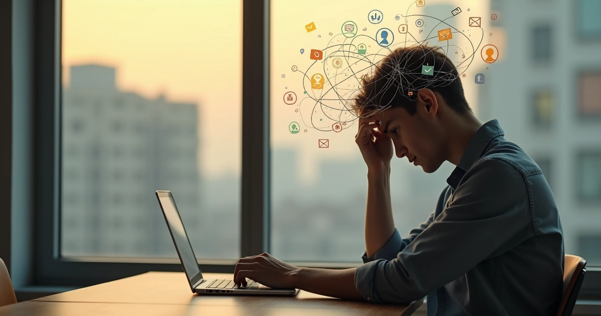 Pessoa pensativa segurando ilos de fios representando responsabilidades ao redor da cabeça 