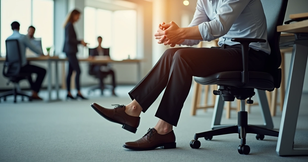 Pessoa cansada de roupa social esfregando as pernas pesadas em ambiente de escritório 
