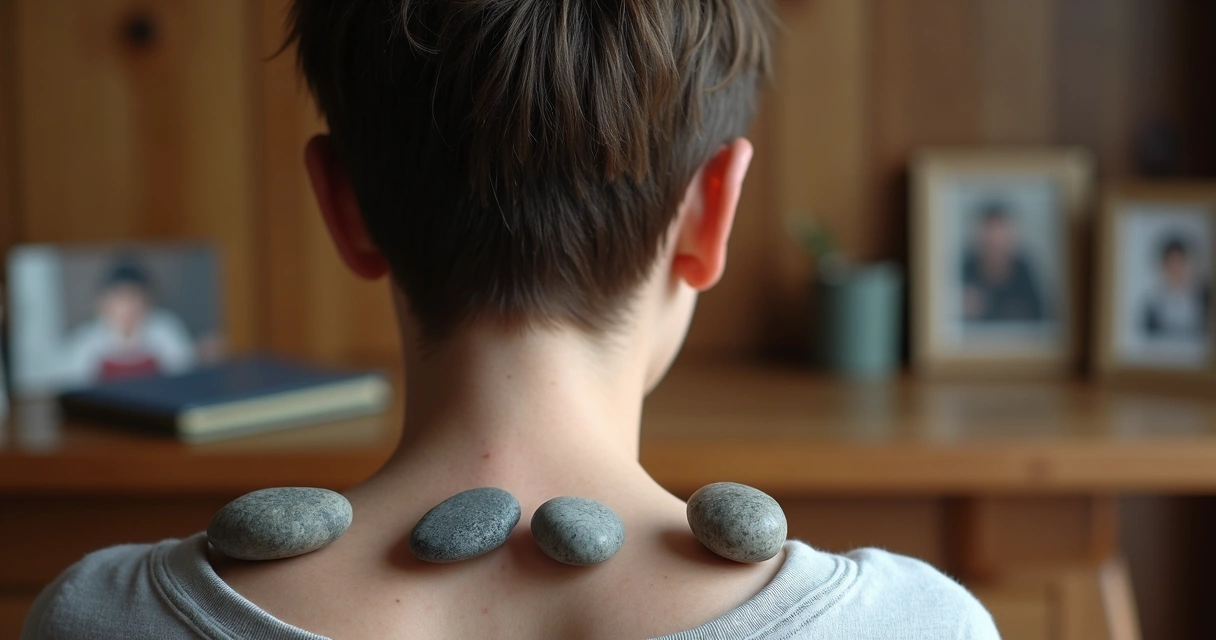 Pessoa com pequenos objetos simbólicos sobre os ombros