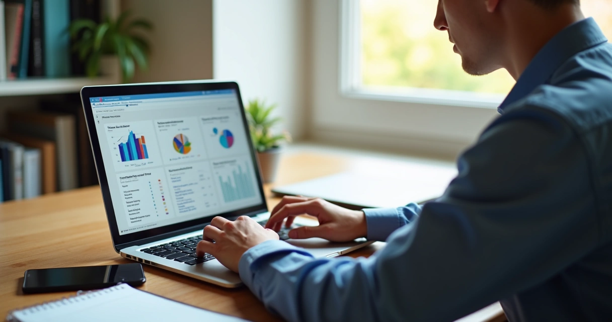 Pessoa analisando gráficos e tendências de produtos em um laptop