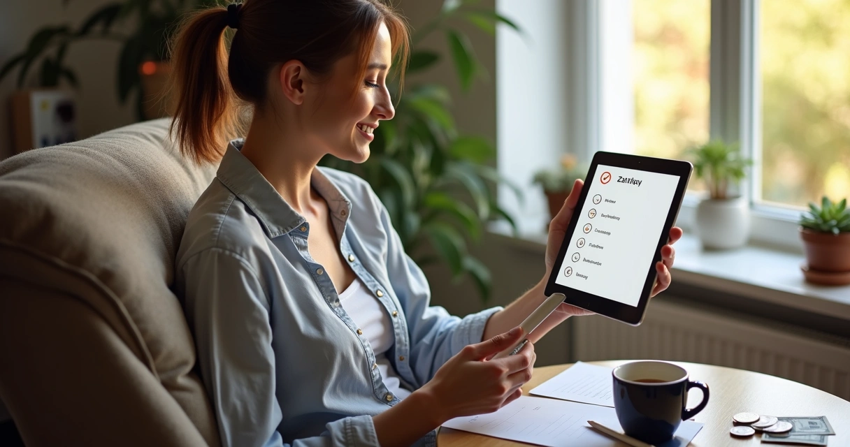 Mulher respondendo pesquisa remunerada em tablet