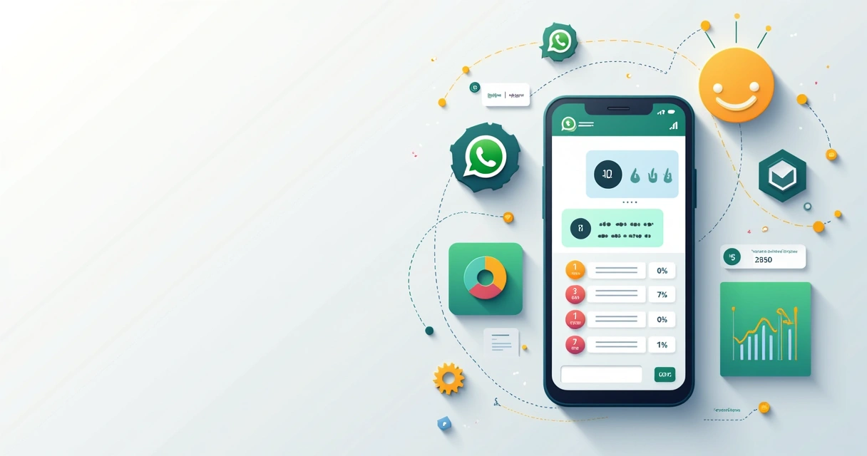 Ilustração de smartphone com pesquisa automática no WhatsApp acompanhada por assistente de IA 