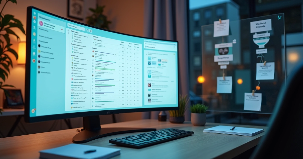 Profissional observa tela com pesquisa automática organizando respostas de leads 