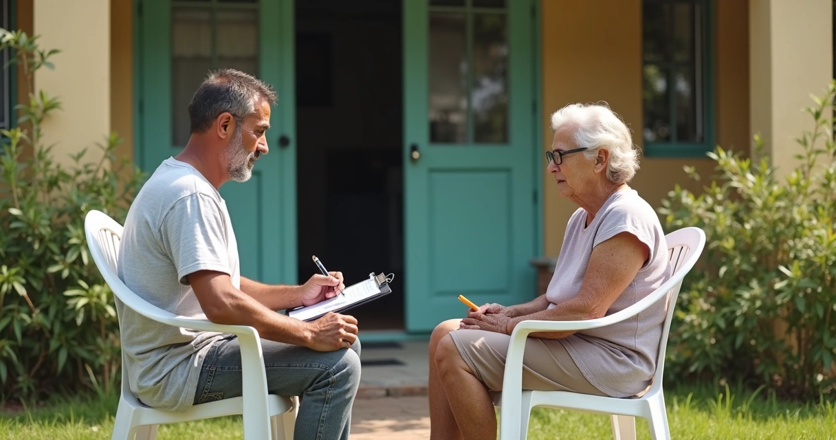 Pessoa anotando respostas em entrevista com morador de bairro no Brasil 