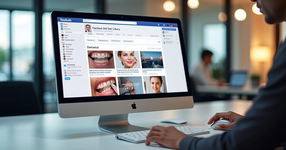 Tela da biblioteca de anúncios do Facebook com buscas por anúncios de dentistas 