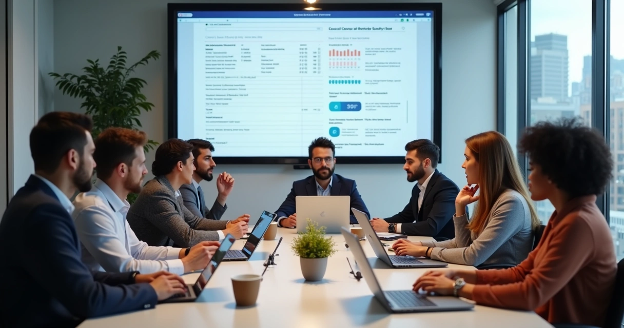 Funcionários respondendo pesquisa online sobre benefícios sentados à mesa 