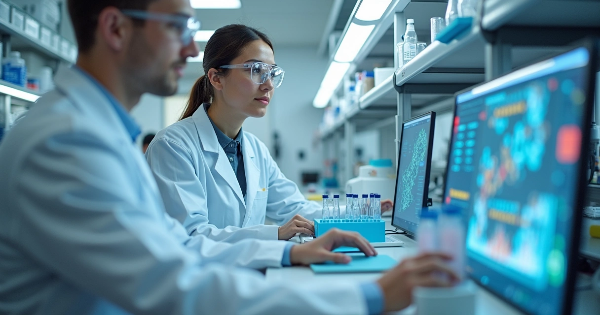 Pesquisadores em laboratório de imunoterapia analisando amostras 