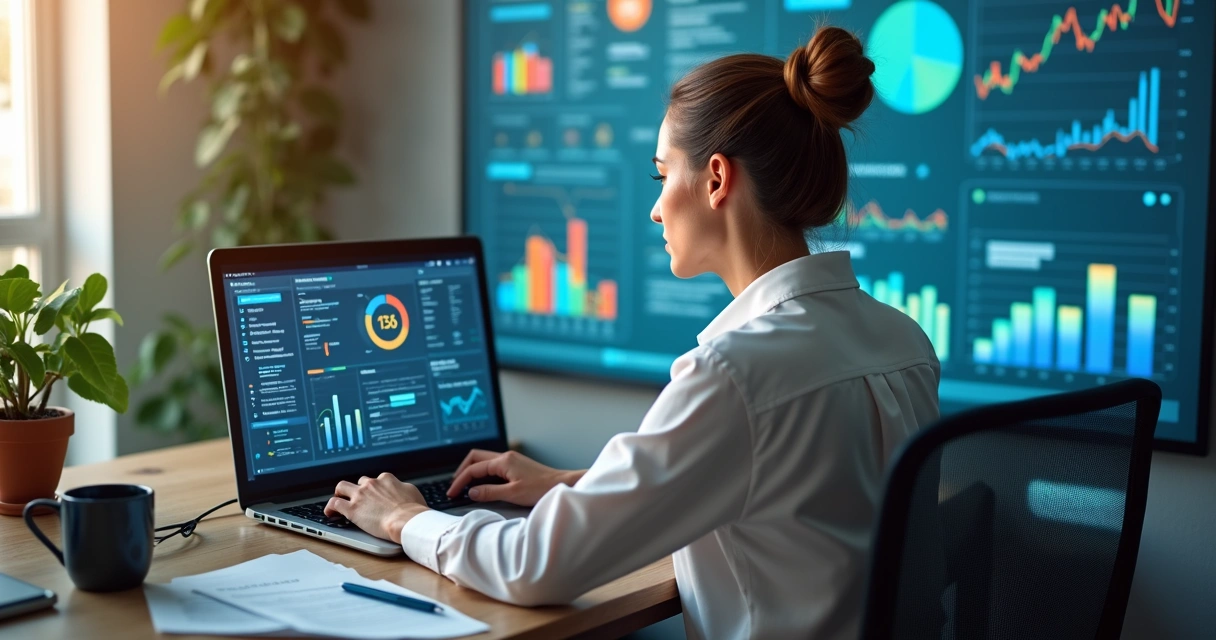 Pessoa analisando gráficos e respostas de chatbot em laptop 