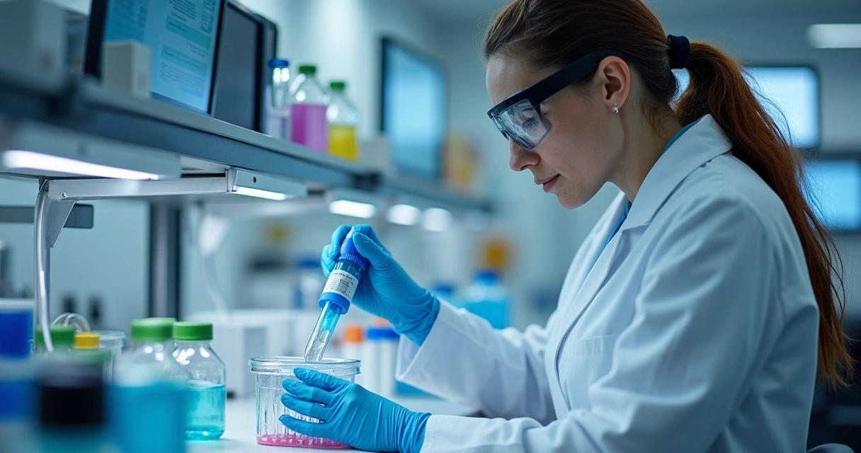 Pesquisador analisando amostras em laboratório moderno.