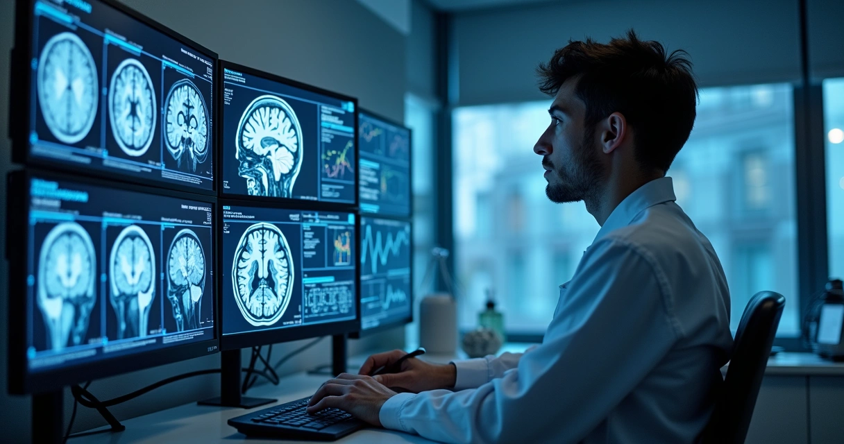 Cientista analisando exames cerebrais em tela digital 