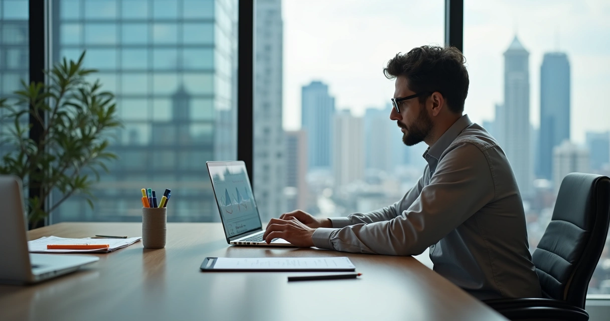 Executivo analisa dados de empresa em laptop. 