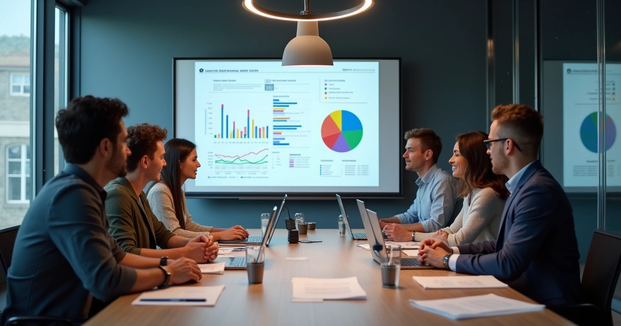Equipe reunida em sala de reunião analisando resultados de pesquisa de satisfação na parede 
