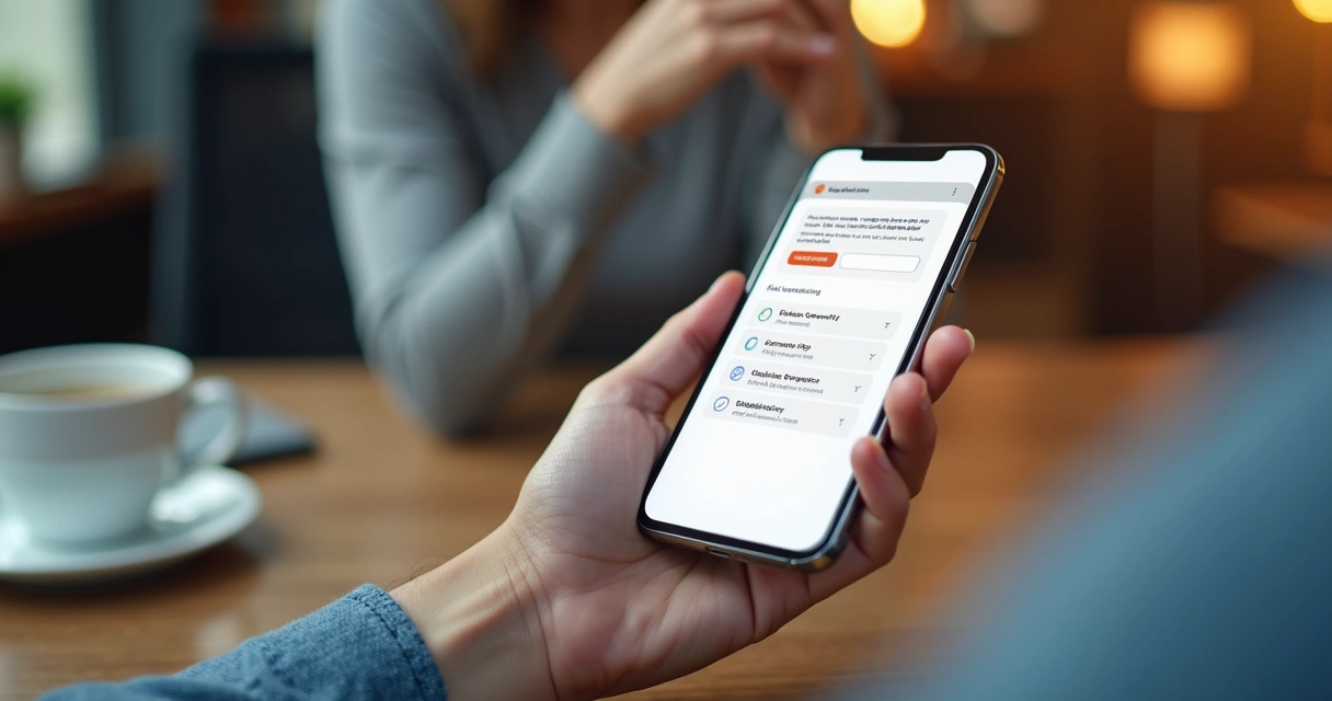 Pessoa respondendo pesquisa de satisfação pelo celular, formulário simples e claro na tela, ambiente de trabalho ao fundo