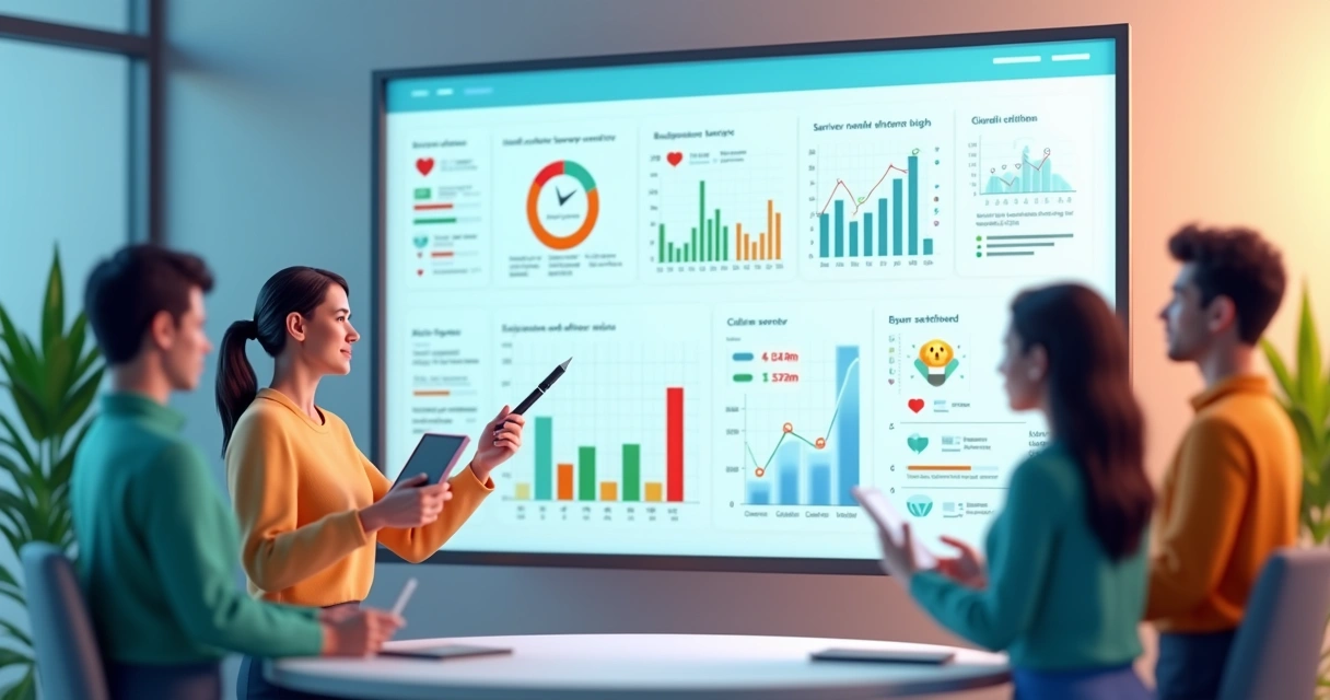 Equipe analisando resultados de pesquisa interna em painel digital 3D 