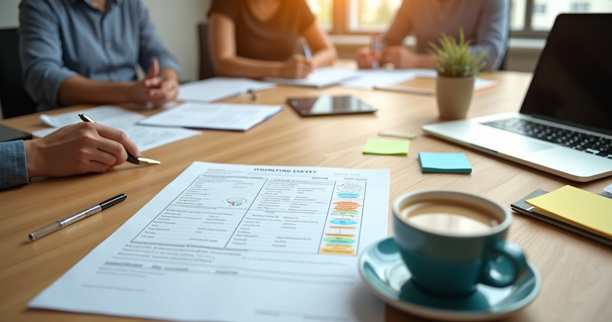Formulário de pesquisa de clima organizacional em mesa com café ao lado 