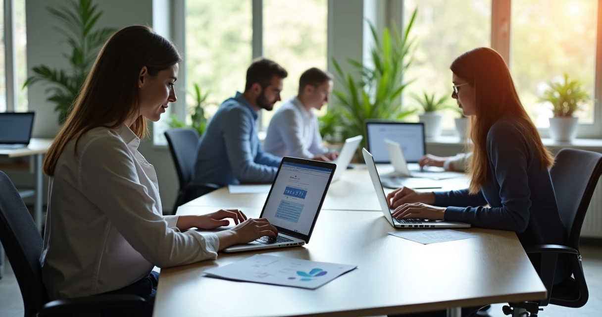 Colaboradores respondendo pesquisa de clima em notebooks no escritório 