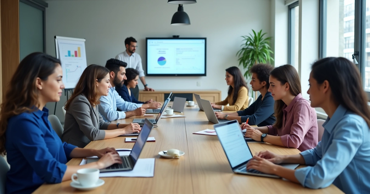 Equipe respondendo pesquisa de clima no escritório 