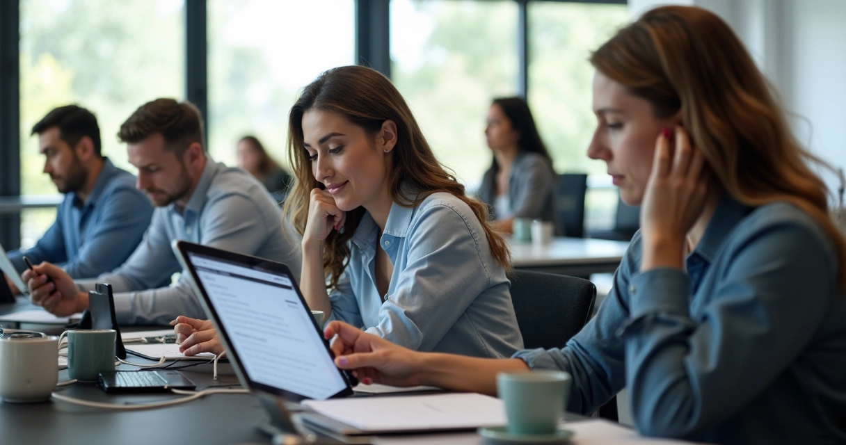 Equipe respondendo pesquisa de clima organizacional em escritório 