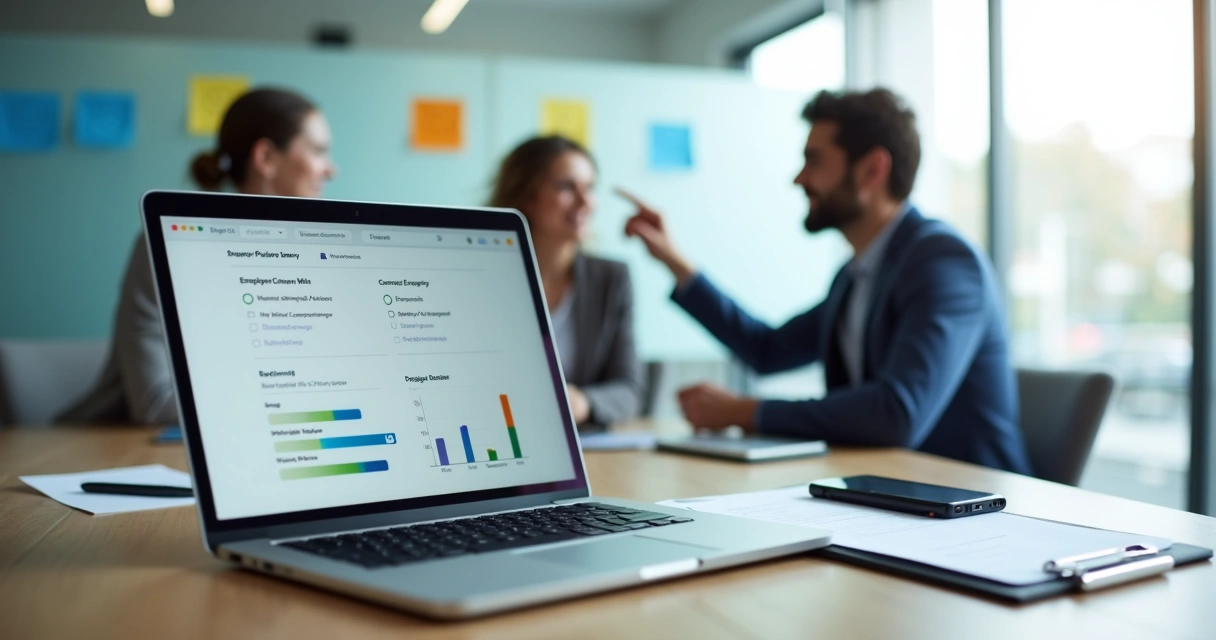 Gestor de RH analisando checklist digital de pesquisa rápida de clima com equipe ao fundo 