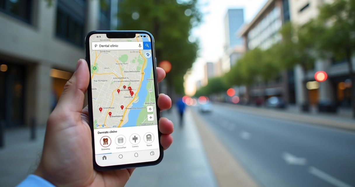 Pessoa pesquisando clínica odontológica no celular com mapa de Campinas na tela