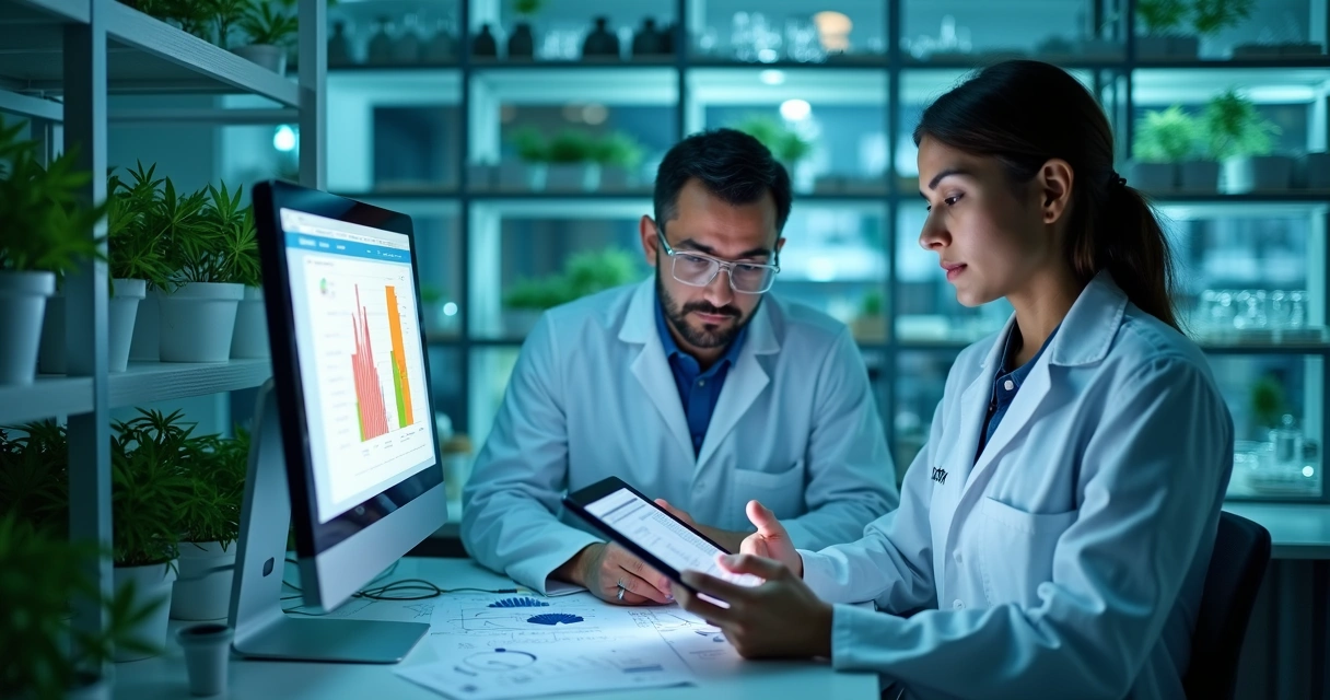 Cientistas analisando resultados de pesquisa clínica sobre CBD em laboratório. Saiba como o canabidiol atua na fibromialgia 