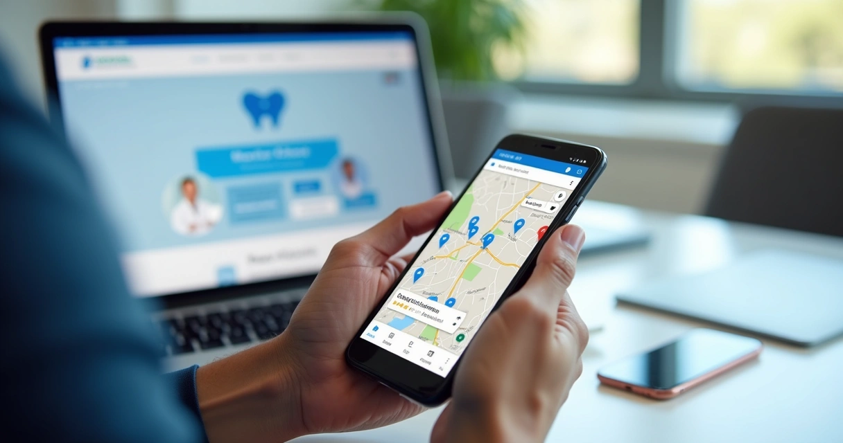 Paciente pesquisando clínica odontológica no Google Maps pelo celular 