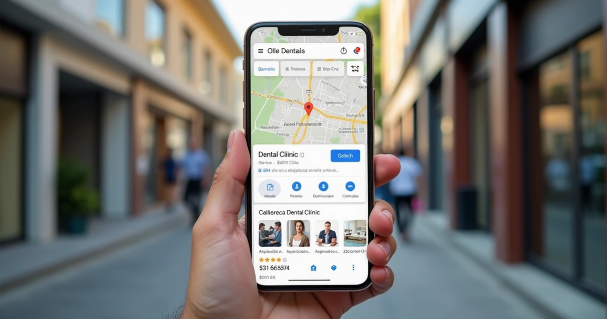 Busca de clínica odontológica no celular com mapa local 